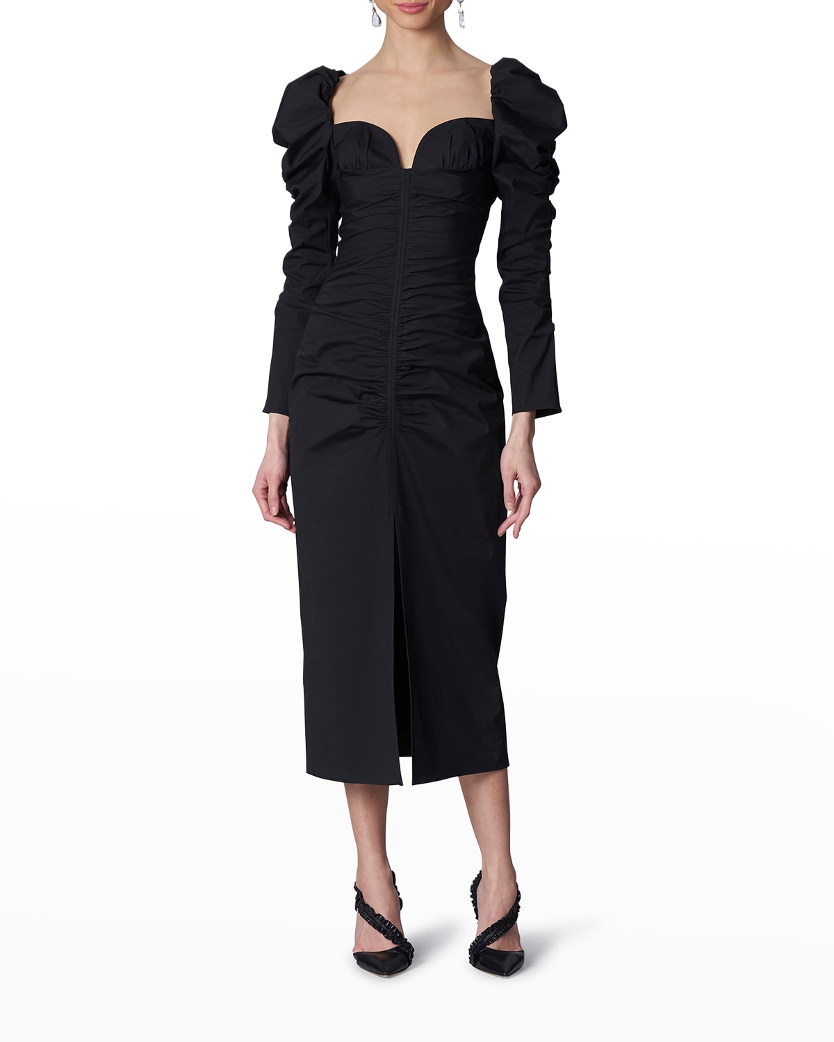 Shirred Puff-Sleeve Bustier Midi Dress
