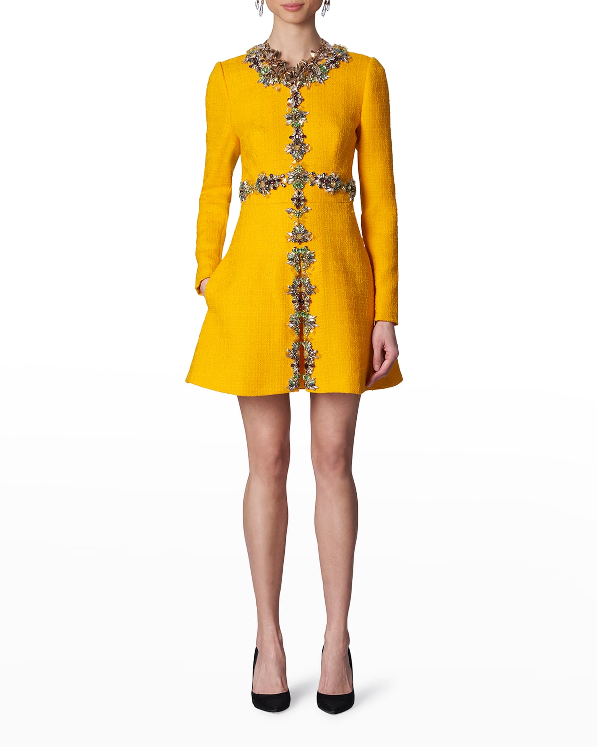 Crystal Embellished Long-Sleeve Mini Dress