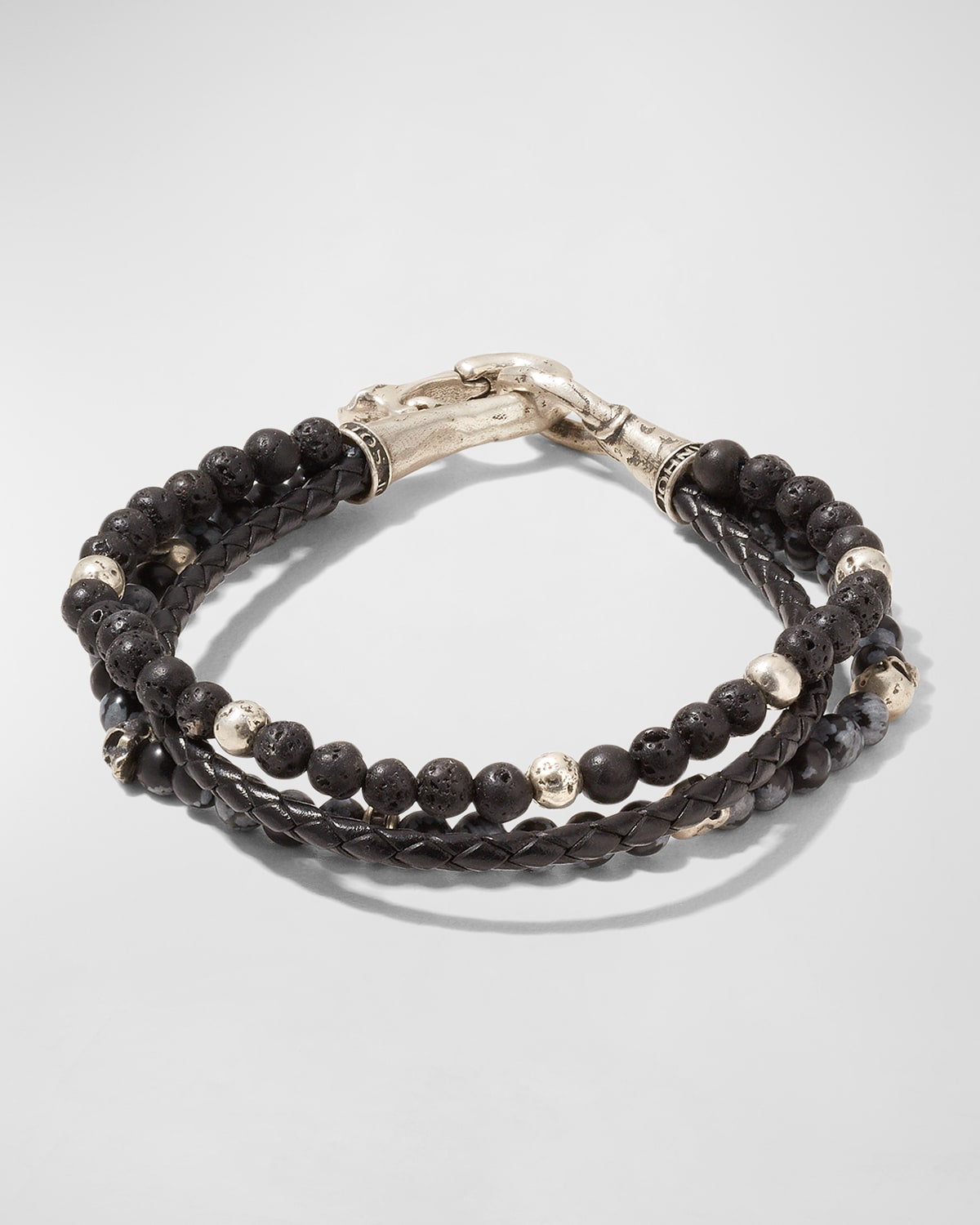 Men's Multi-Strand Leather, Lava & Obsidien Beaded Bracelet