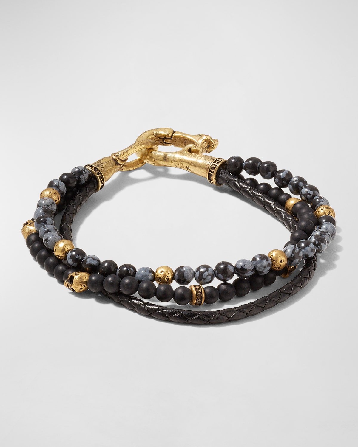 Men's Multi-Strand Leather, Onyx & Obsidien Beaded Bracelet