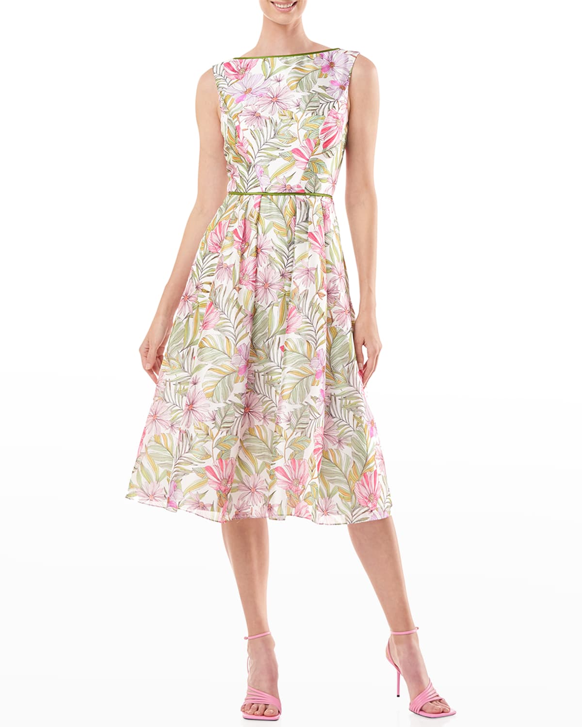 Kay Unger Pleated Floral-print Midi Dress In First Blush Multi | ModeSens