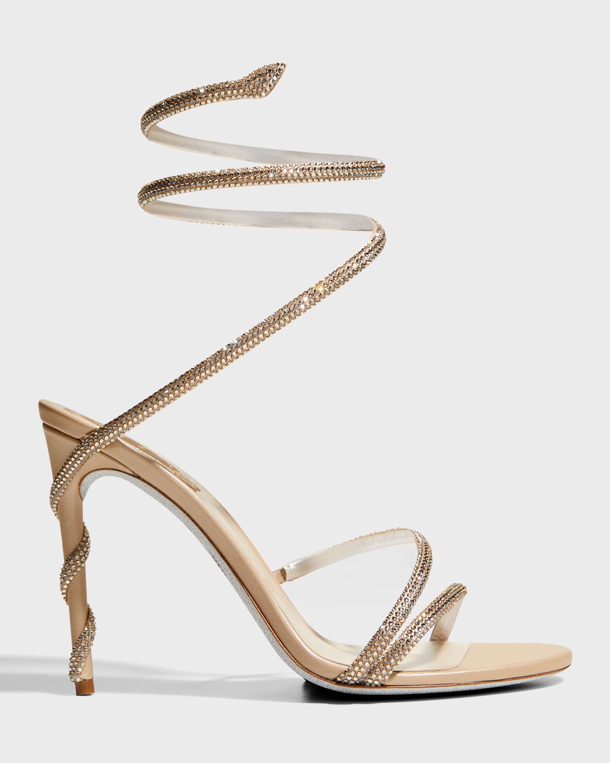 René Caovilla Snake-wrap Strass Stiletto Sandals In Beige/honey