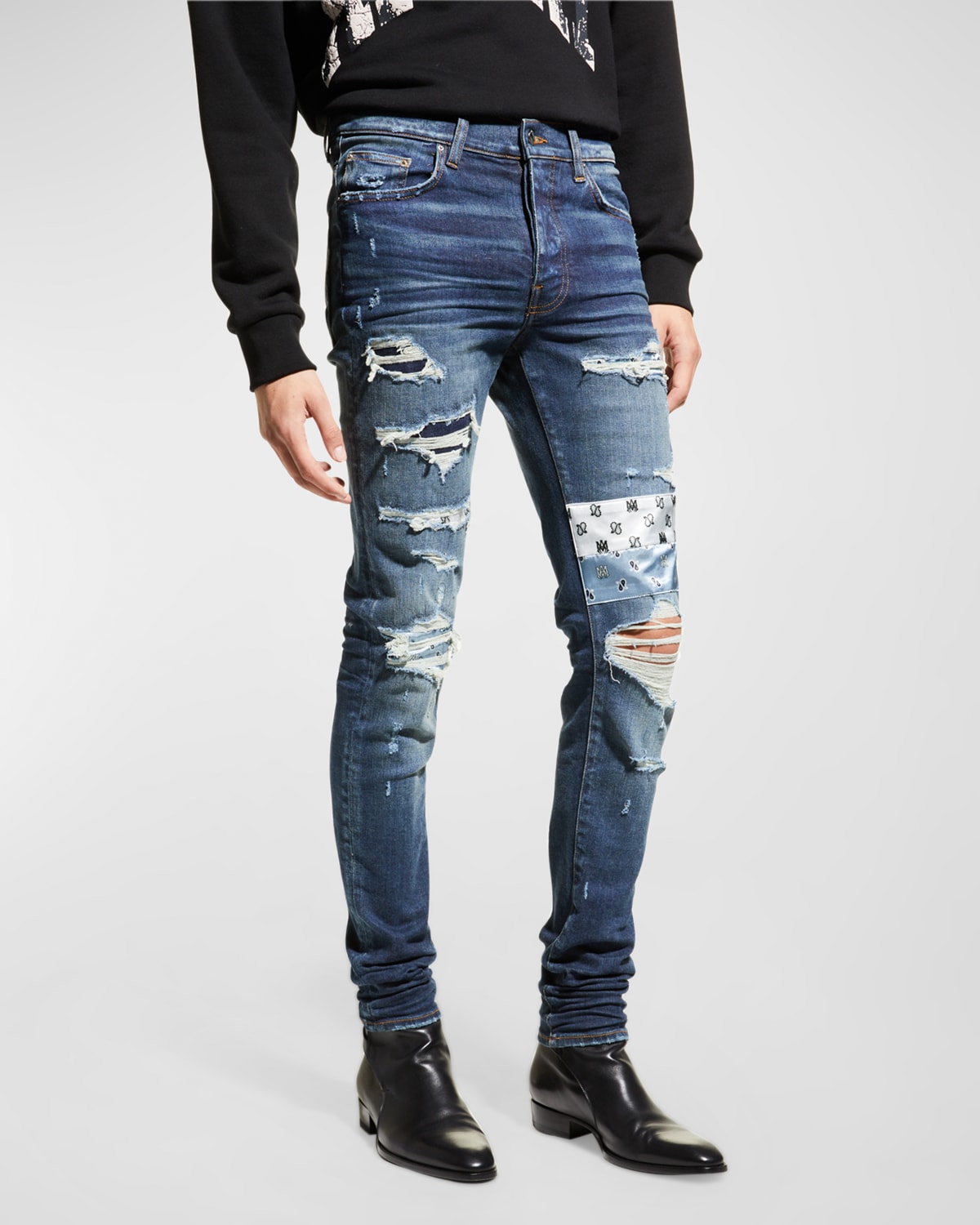 Men's Paisley-Patch Destroyed Skinny Jeans