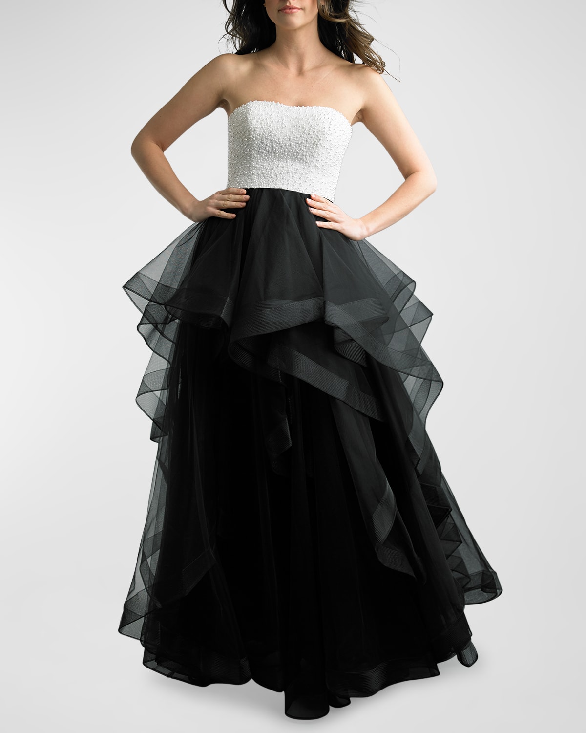 Basix Strapless Pearl-embellished Gown In Whtblk
