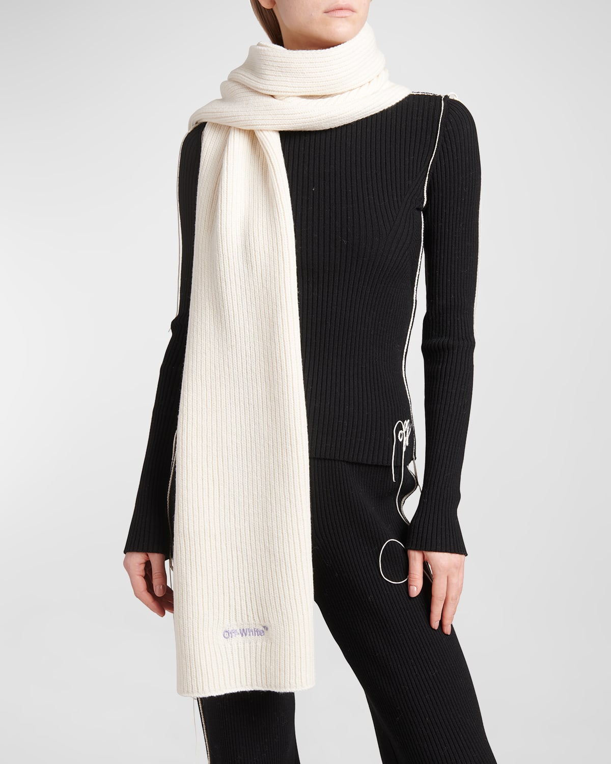 Shop Off-white Arrow Ribbed Wool Scarf In White / Lilac
