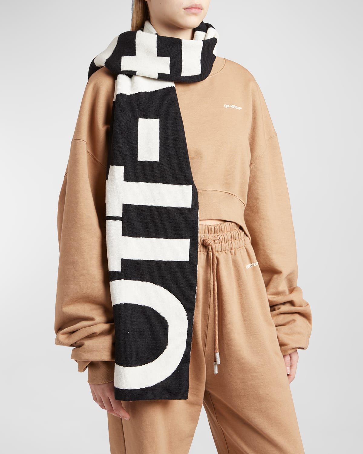 Shop Off-white Logo Ribbed Wool-cotton Scarf In Black / White