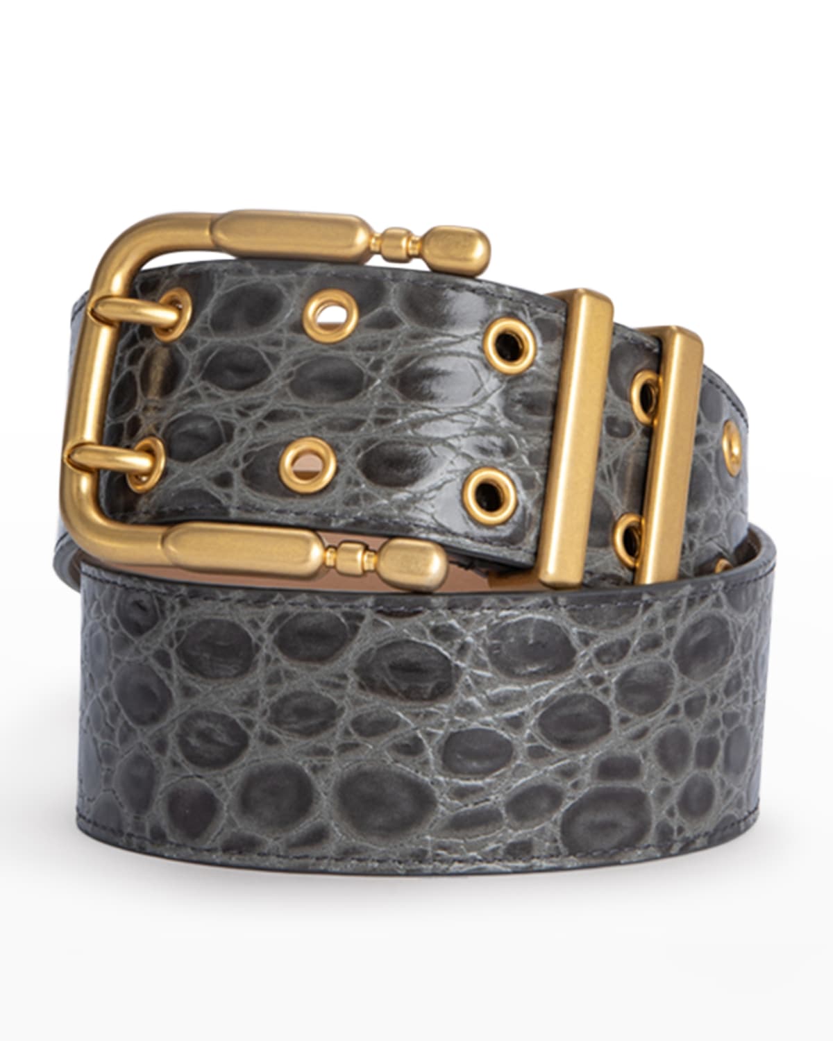Double Grommet Croc-Embossed Leather Belt