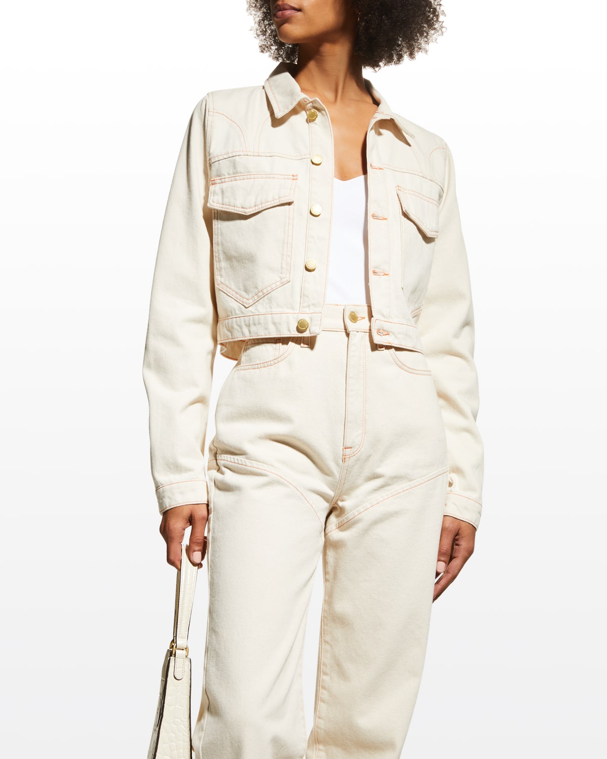 Triarchy Stirrup Organic Cotton Cropped Topstitched Jacket In Cream