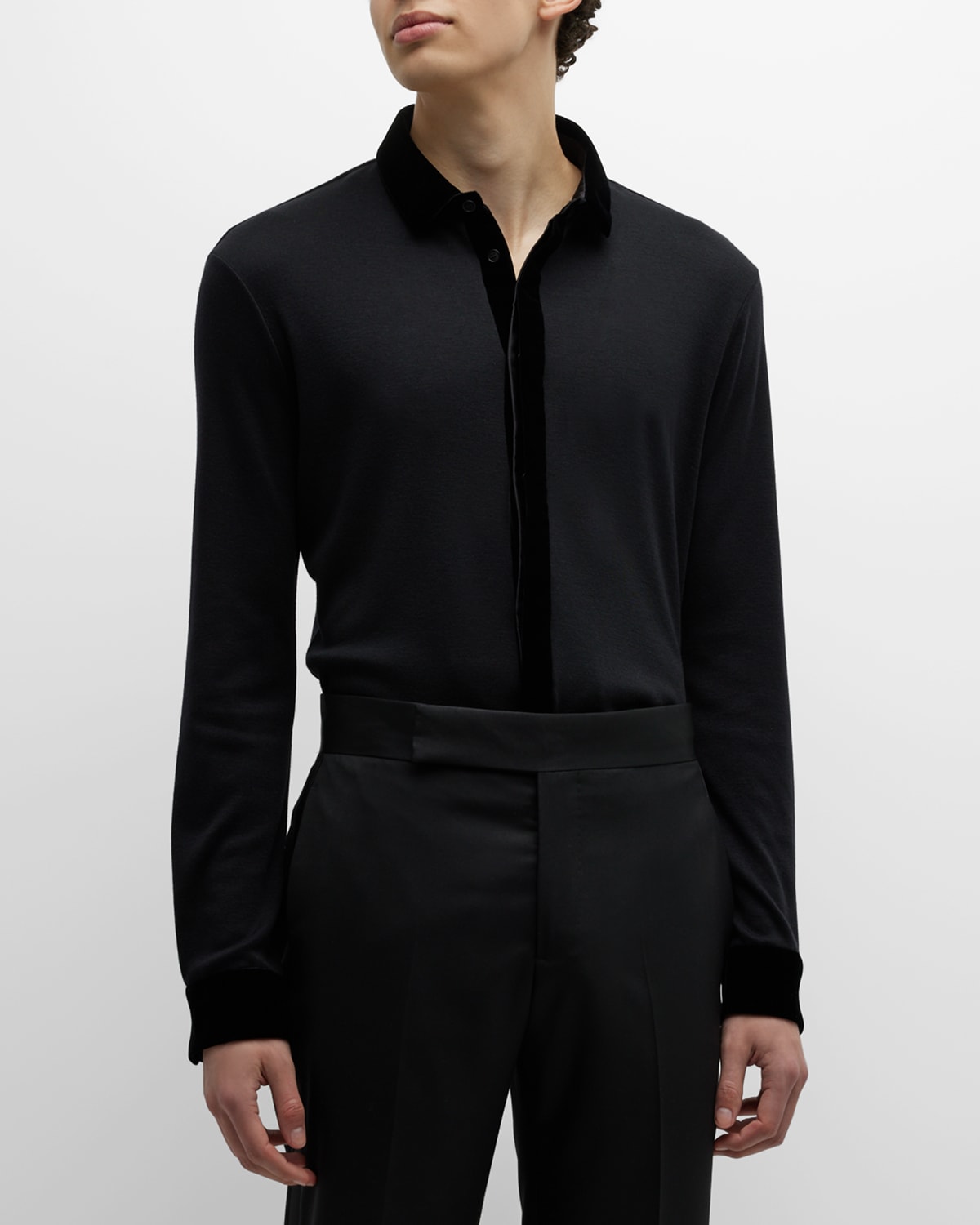 Giorgio Armani Men's Velvet-trim Dress Shirt In Solid Black