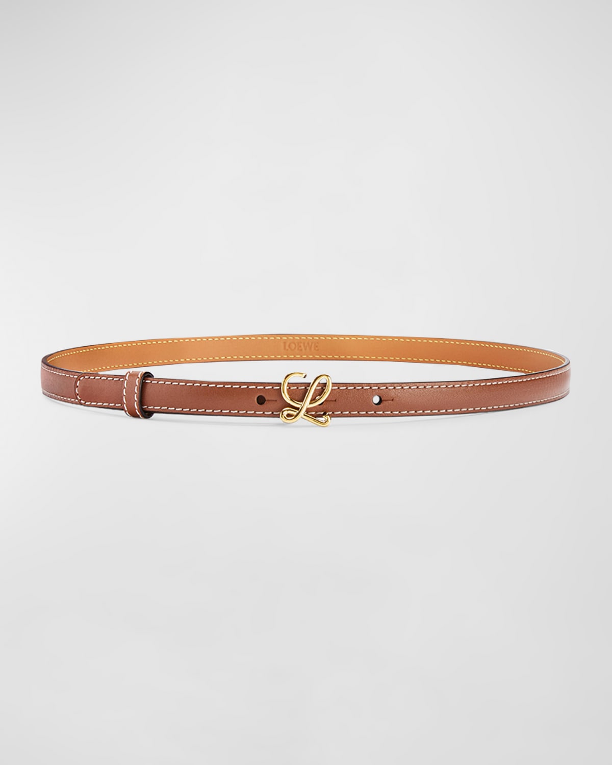 Loewe Logo Leather Buckle Skinny Belt In 2526 Tan Gold