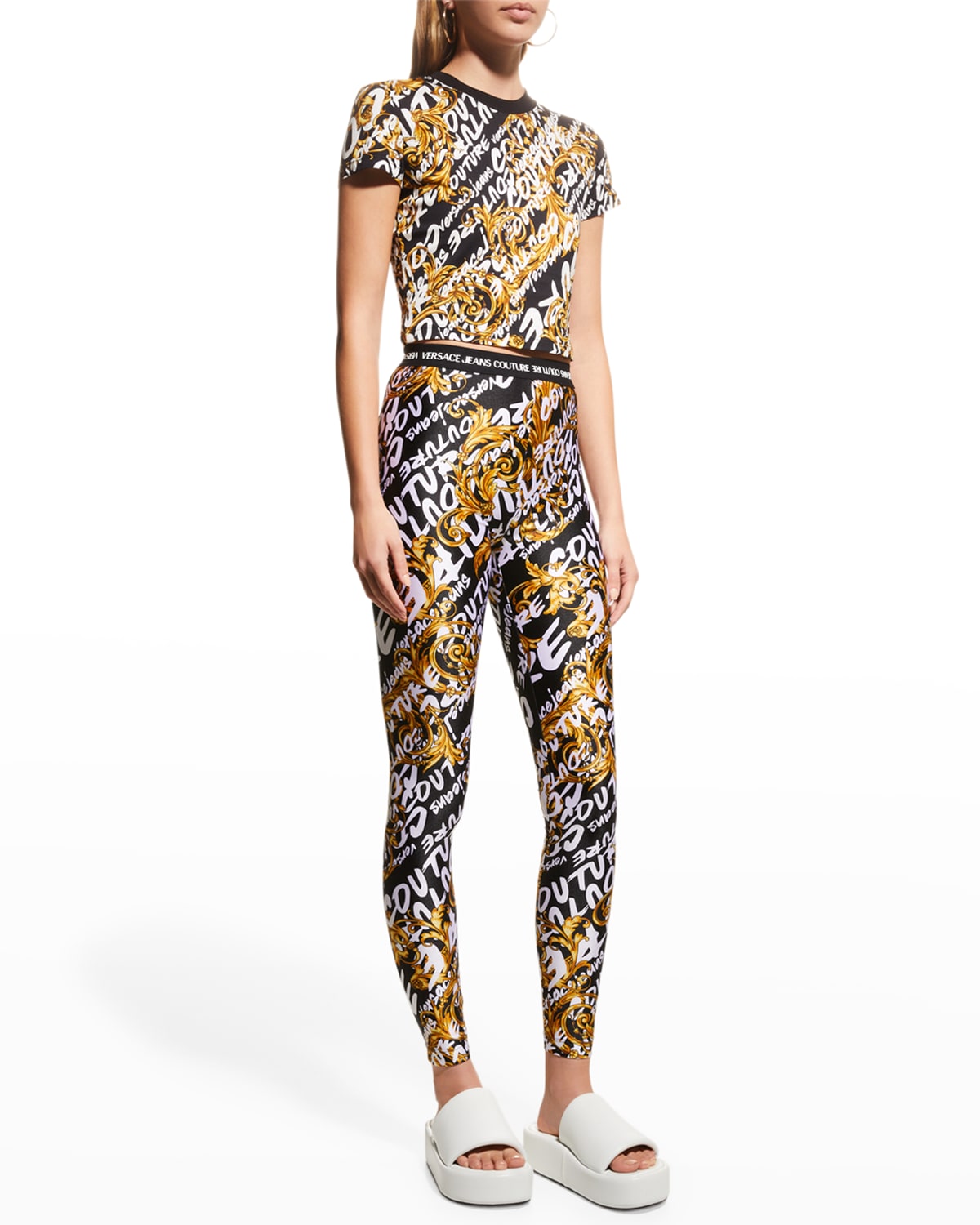Versace Jeans Couture Logo-print Baroque-pattern Leggings In Black / Gold