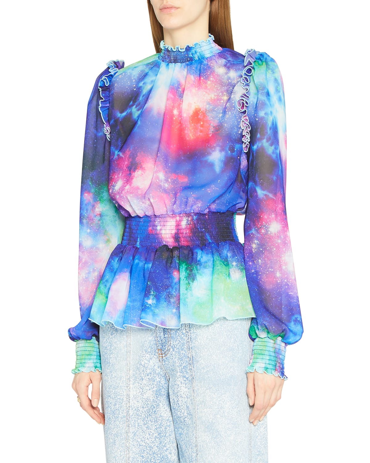 Versace Jeans Couture Space-Printed Chiffon Peplum Blouse