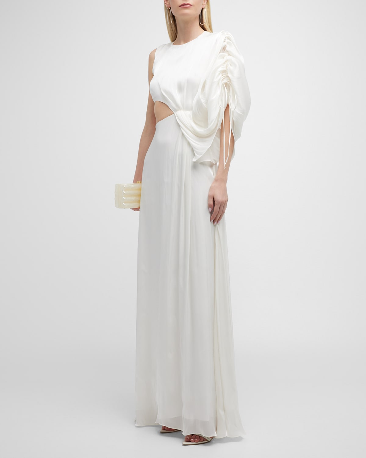 Draped-Sleeve Waist-Cutout Gown