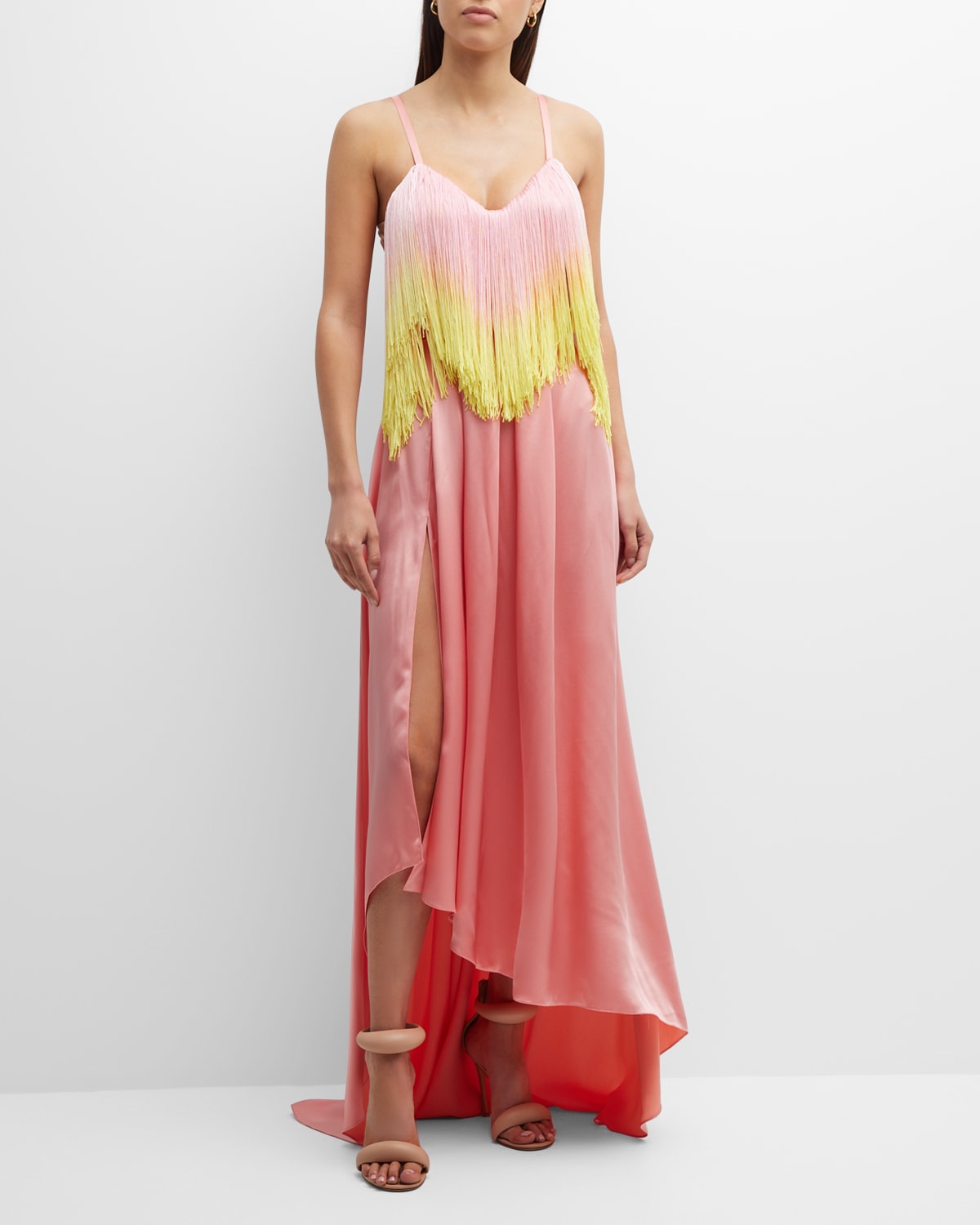 HALPERN OMBRE FRINGE SLEEVELESS SATIN HIGH-LOW GOWN