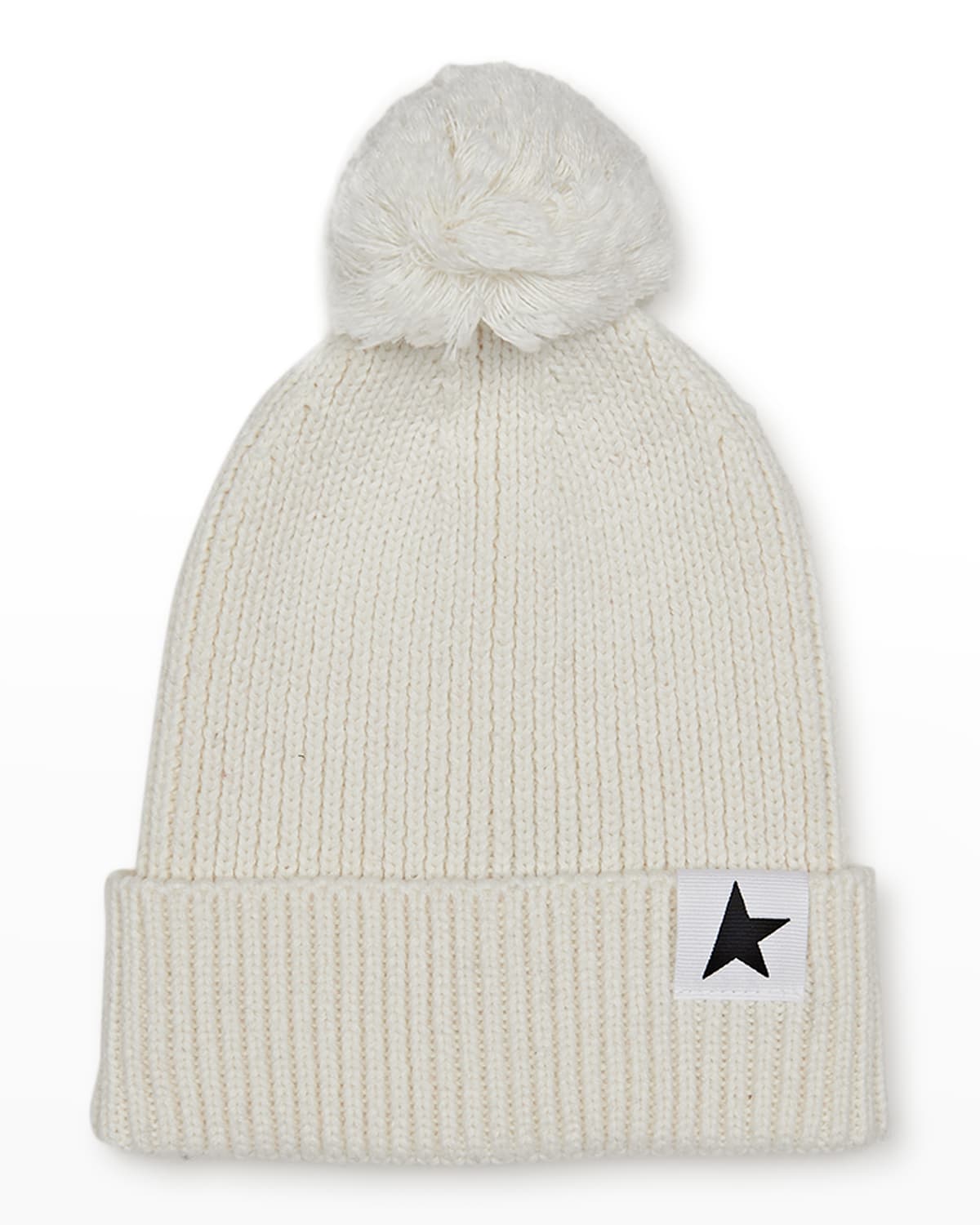 Shop Golden Goose Girl's Star Rib Beanie W/ Pompom In Papyrus