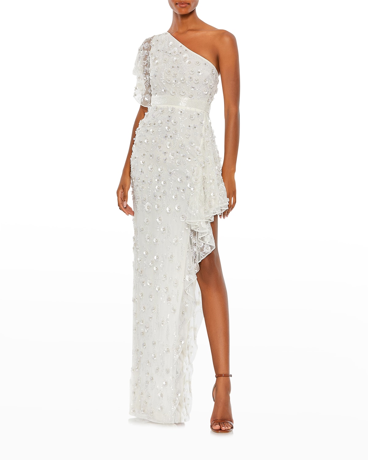 Mac Duggal Beaded Sequin One-shoulder Gown W/ 3d Flowers In White