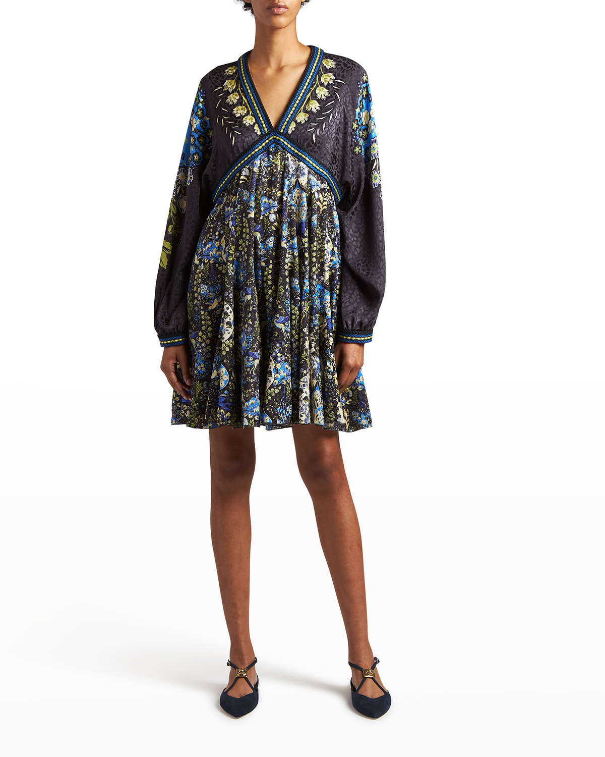 Etro Mixed Floral-printed Leopard Satin Jacquard Dress In Black