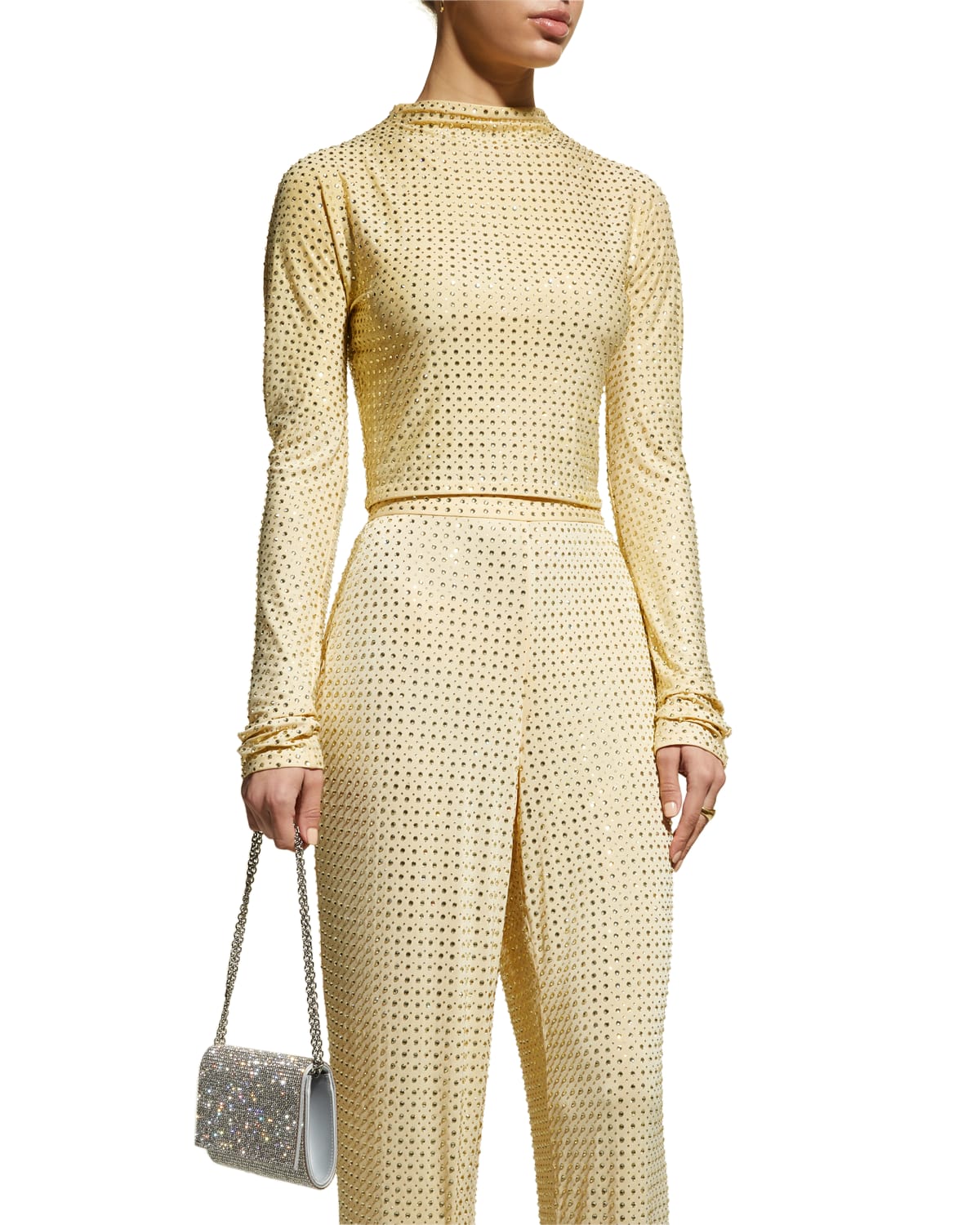 LAPOINTE STRASS EMBELLISHED LONG-SLEEVE CROP TOP 