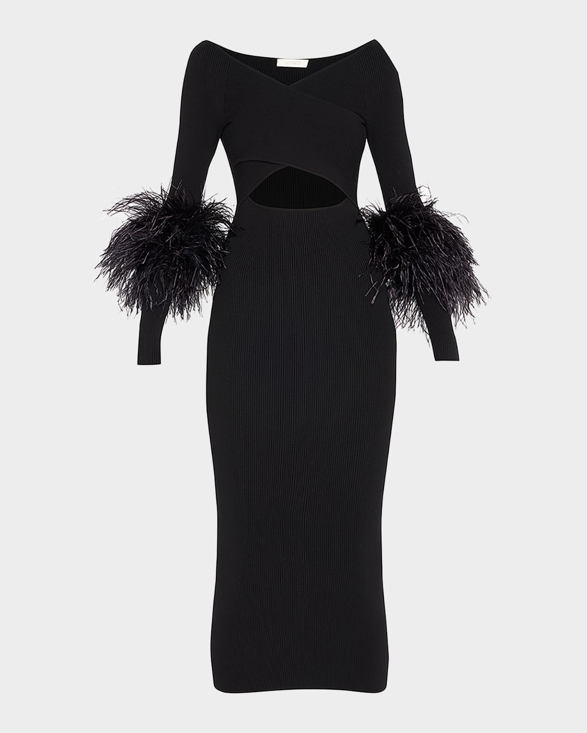 Criss-Cross Cutout Midi Dress w/ Feather Trim
