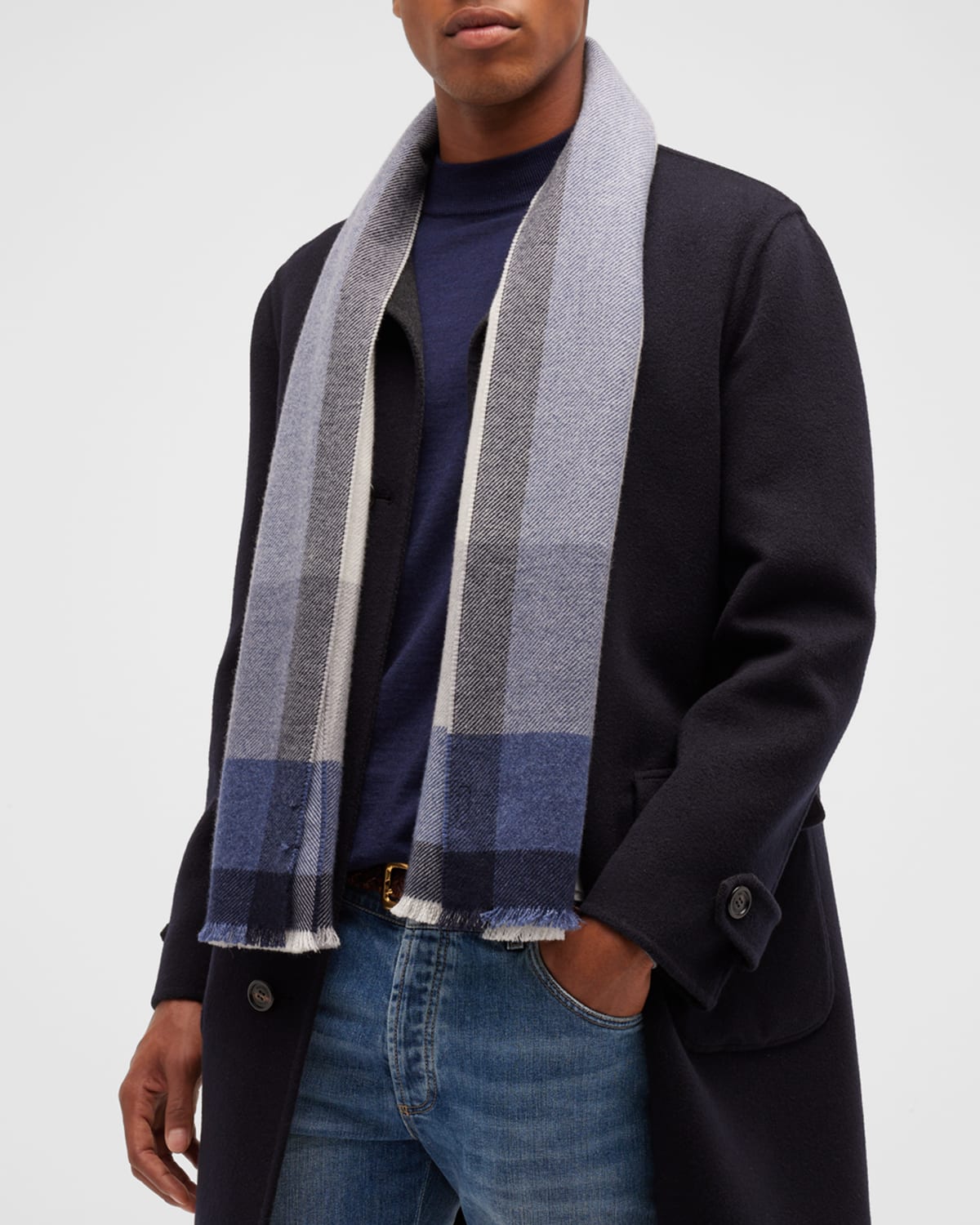 Brunello Cucinelli Men's Wool/cashmere Check Scarf In Blue