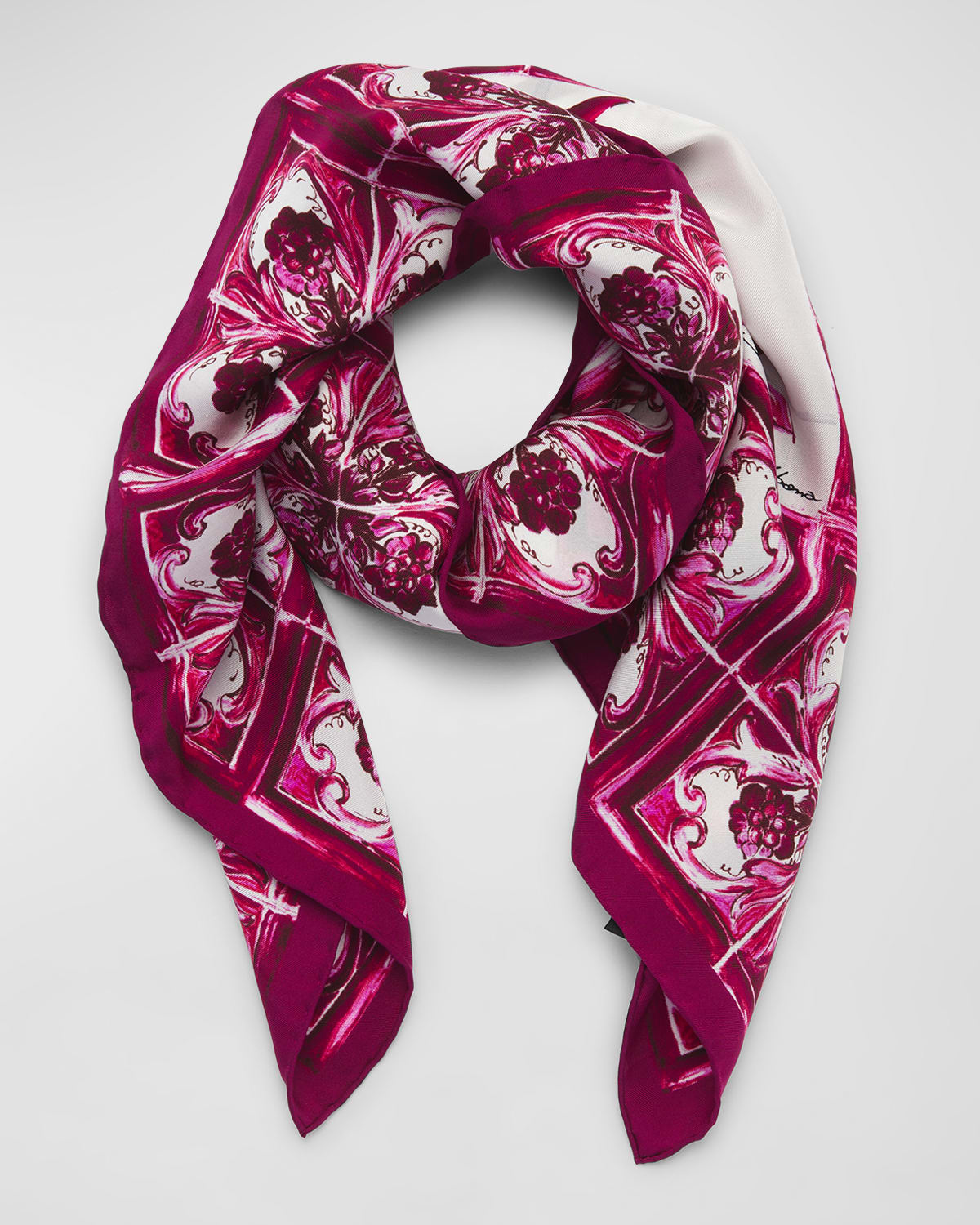 Dolce & Gabbana Maiolica Printed Silk Twill Foulard In Maiolica Fucsia