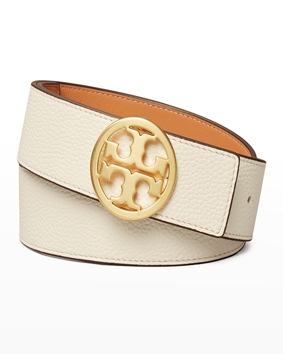 Tory Burch Miller Reversible Leather Buckle Belt In Ivory Gold