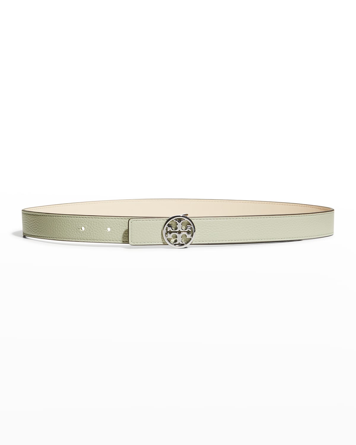 Tory Burch Miller Logo Leather Skinny Belt In Pine Frost