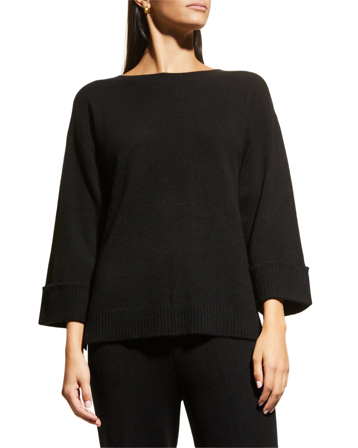 Neiman Marcus Cashmere Ribbed 3/4-sleeve Tunic In Black