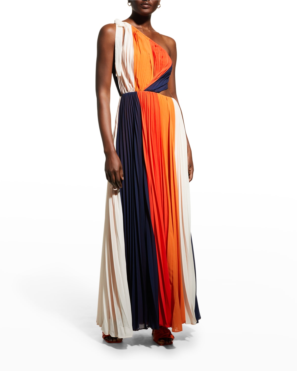 AMUR Kade Pleated Multicolor One-Shoulder Maxi Dress