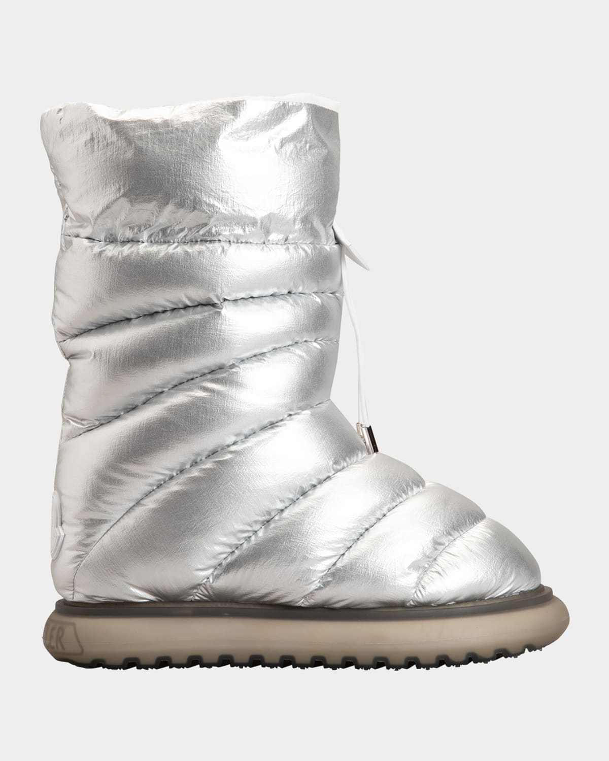 Moncler Gaia Metallic Quilted Mid Snow Boots In Silver