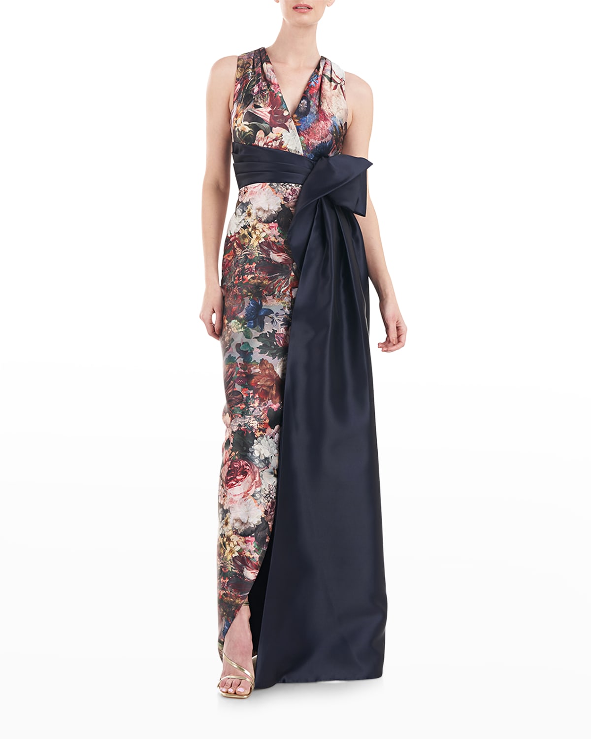 Rachel Floral Side-Drape Halter Gown