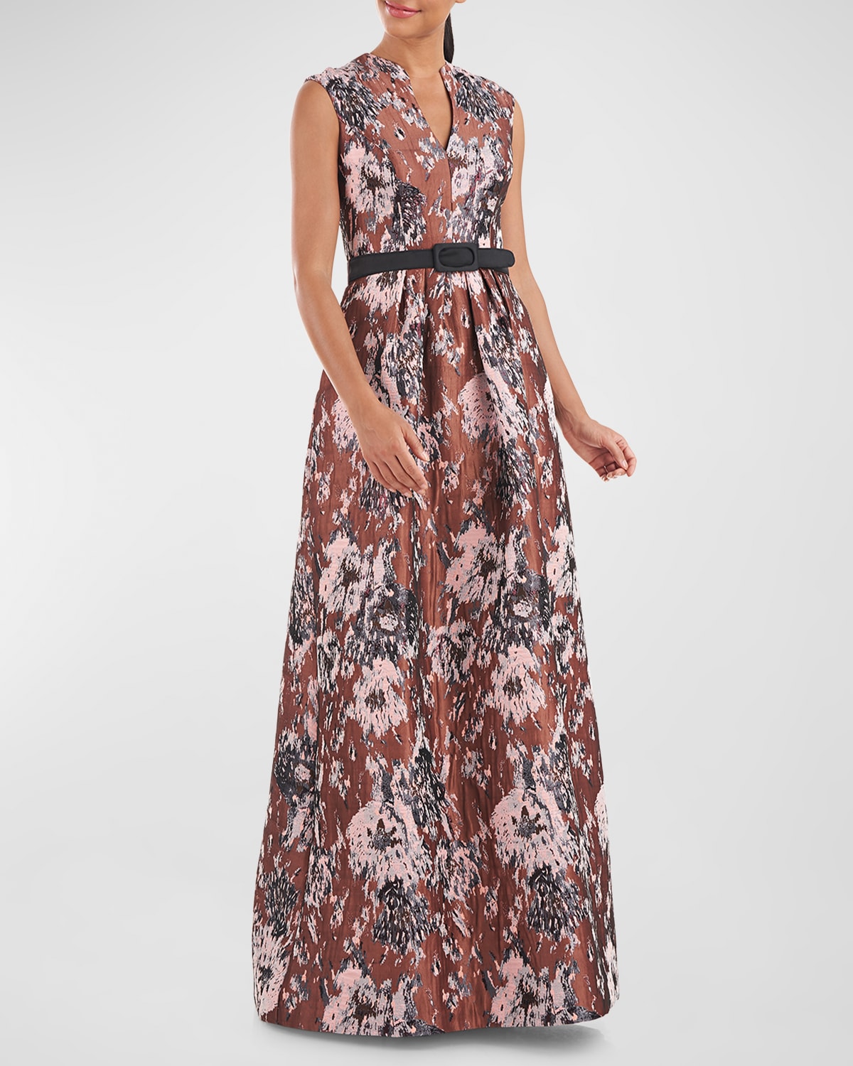 Paola Sleeveless Belted Jacquard Gown