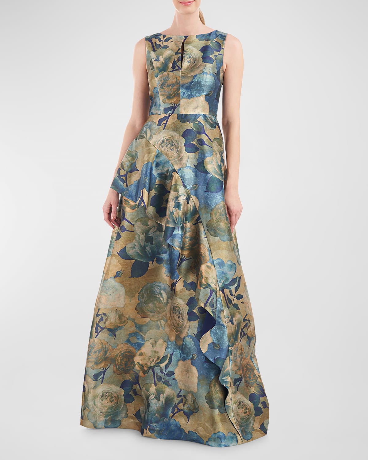 Kay Unger New York Selene Sleeveless Floral-Print Ruffle Gown
