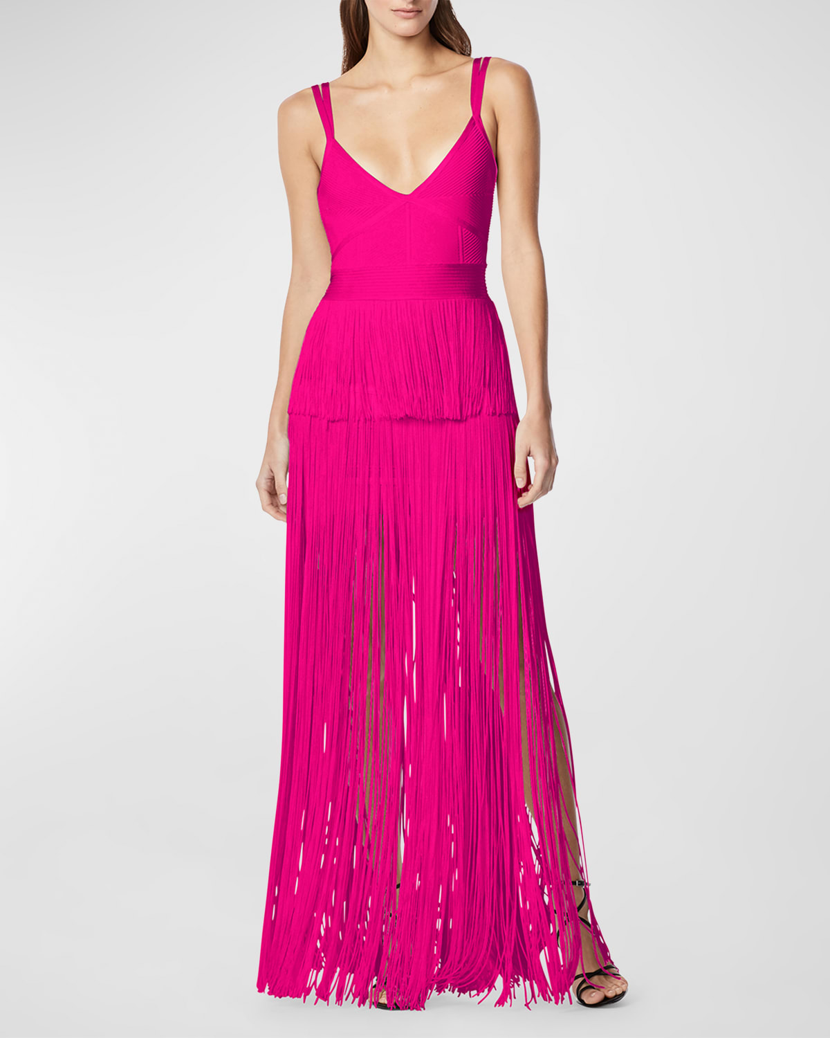 Herve Leger Tiered-fringe Corset Ottoman Gown In Magenta