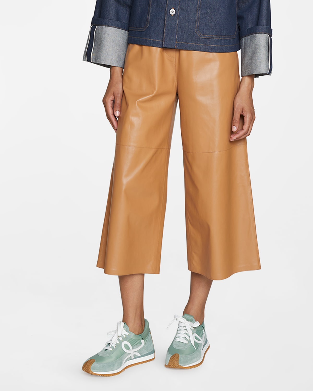 Loewe Cropped Wide-leg Pull-on Leather Pants In Toffee