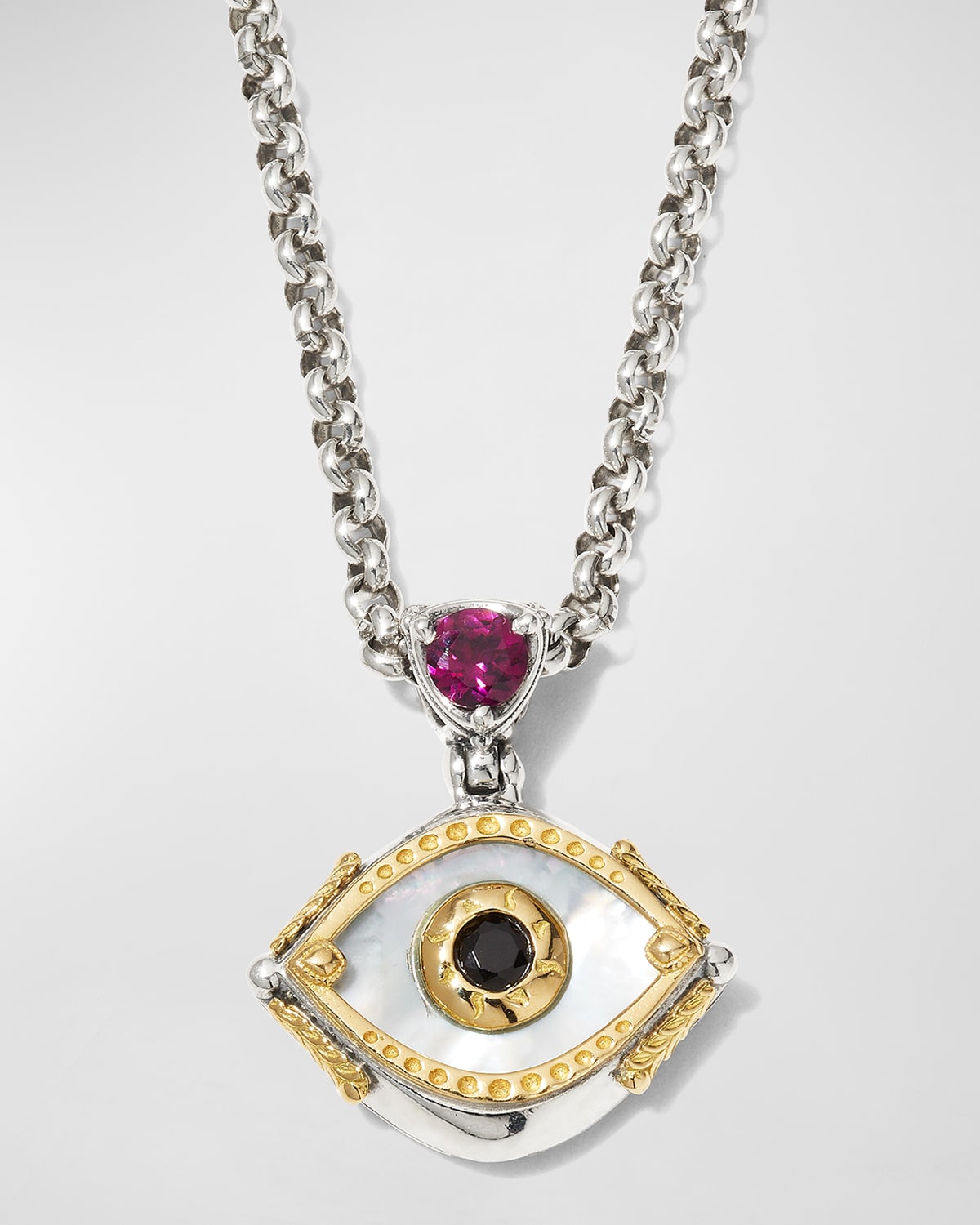 KONSTANTINO EVIL EYE MOTHER-OF-PEARL PENDANT NECKLACE WITH RHODOLITE AND BLACK SPINEL