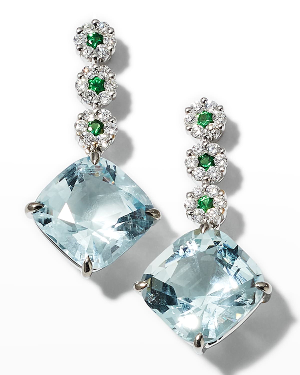 Alexander Laut White Gold Cushion Aquamarine, Diamond and Tsavorite Small Flower Drop Earrings