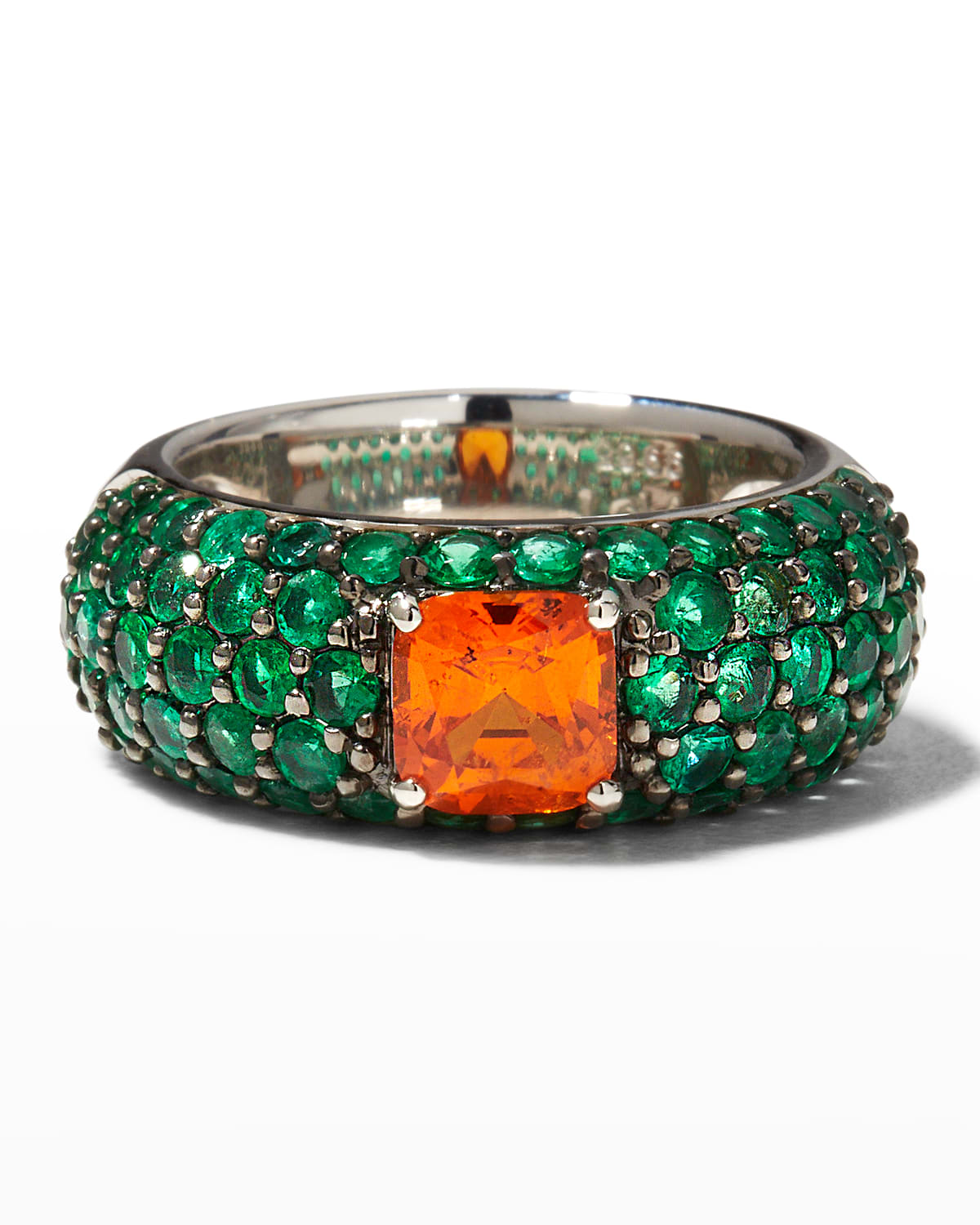 Alexander Laut Platinum Square Mandarin Garnet and Emerald Ring