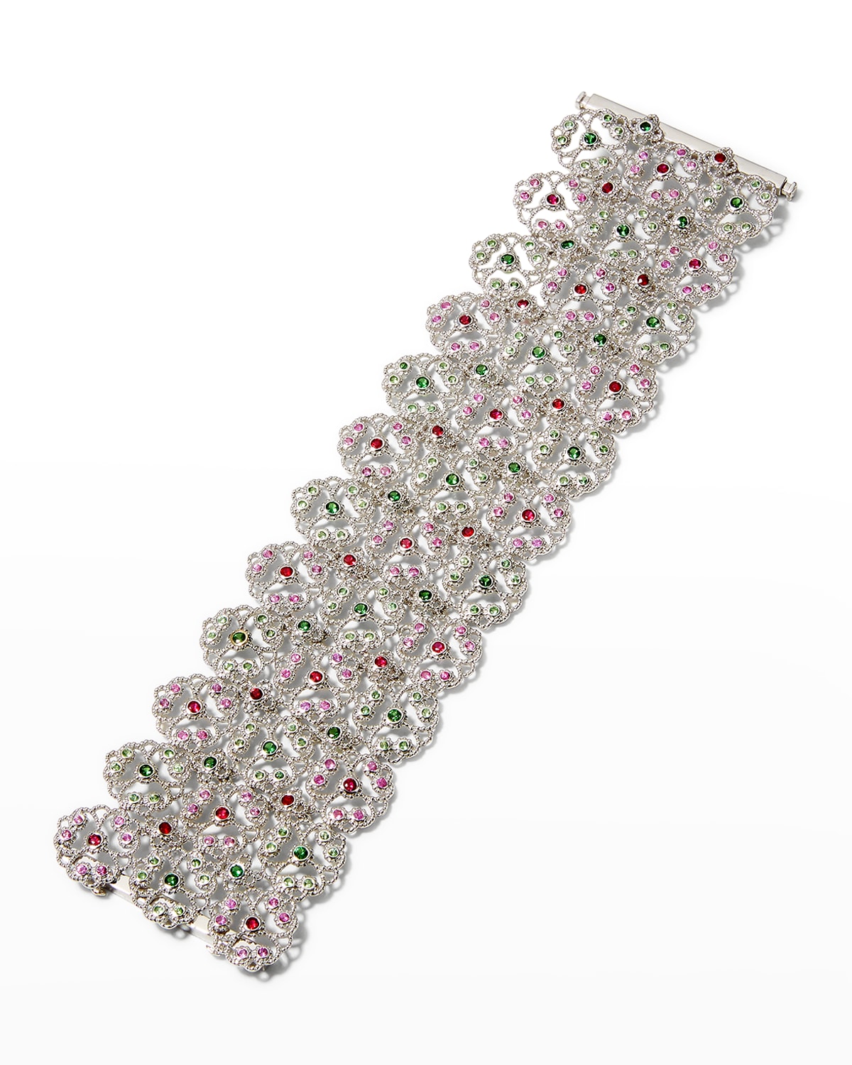 Alexander Laut White Gold Ruby, Pink Sapphire And Tsavorite Flower Lace Bracelet