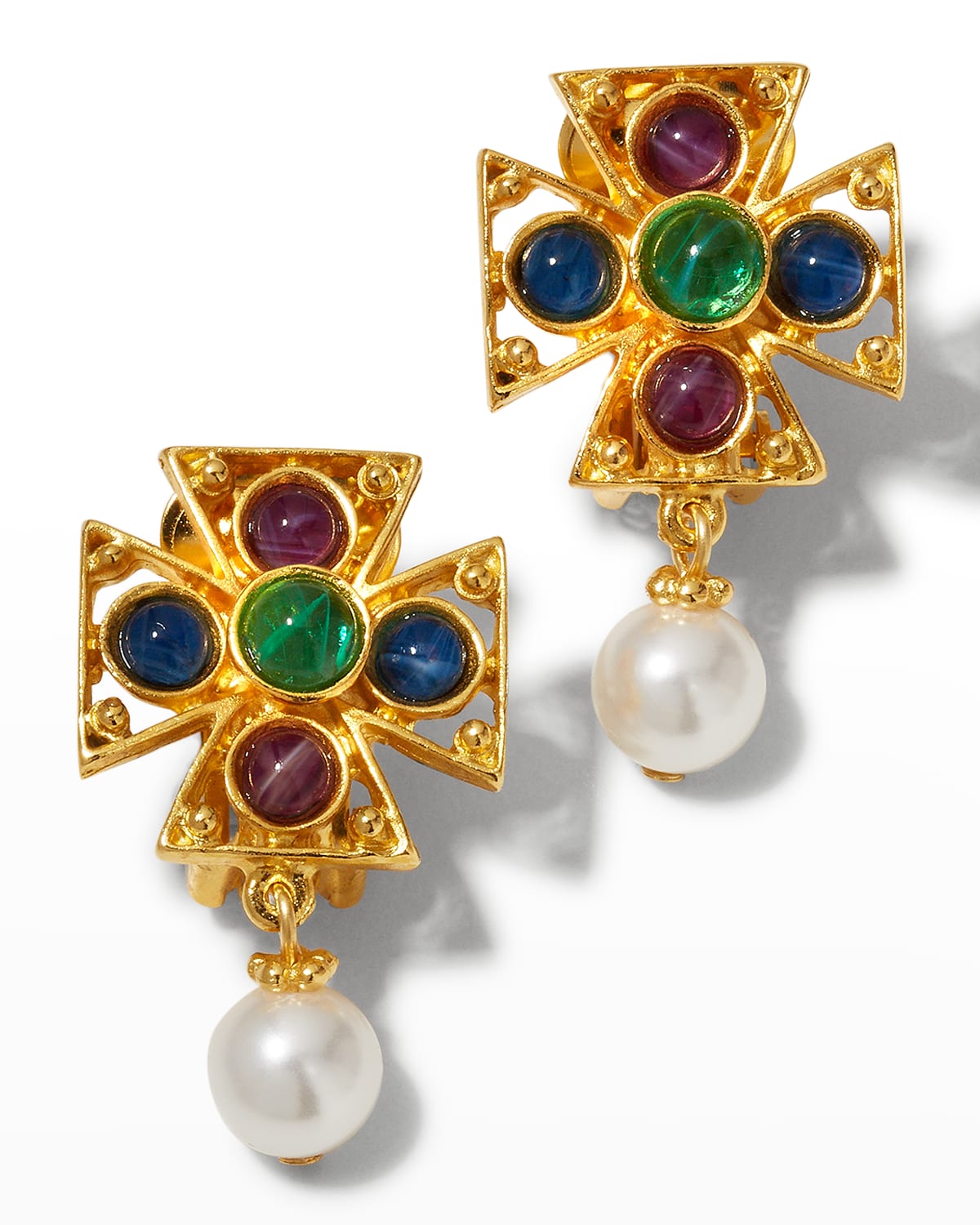 Ben-amun Multi-stone Pearly Drop Gold Clip-on Earrings