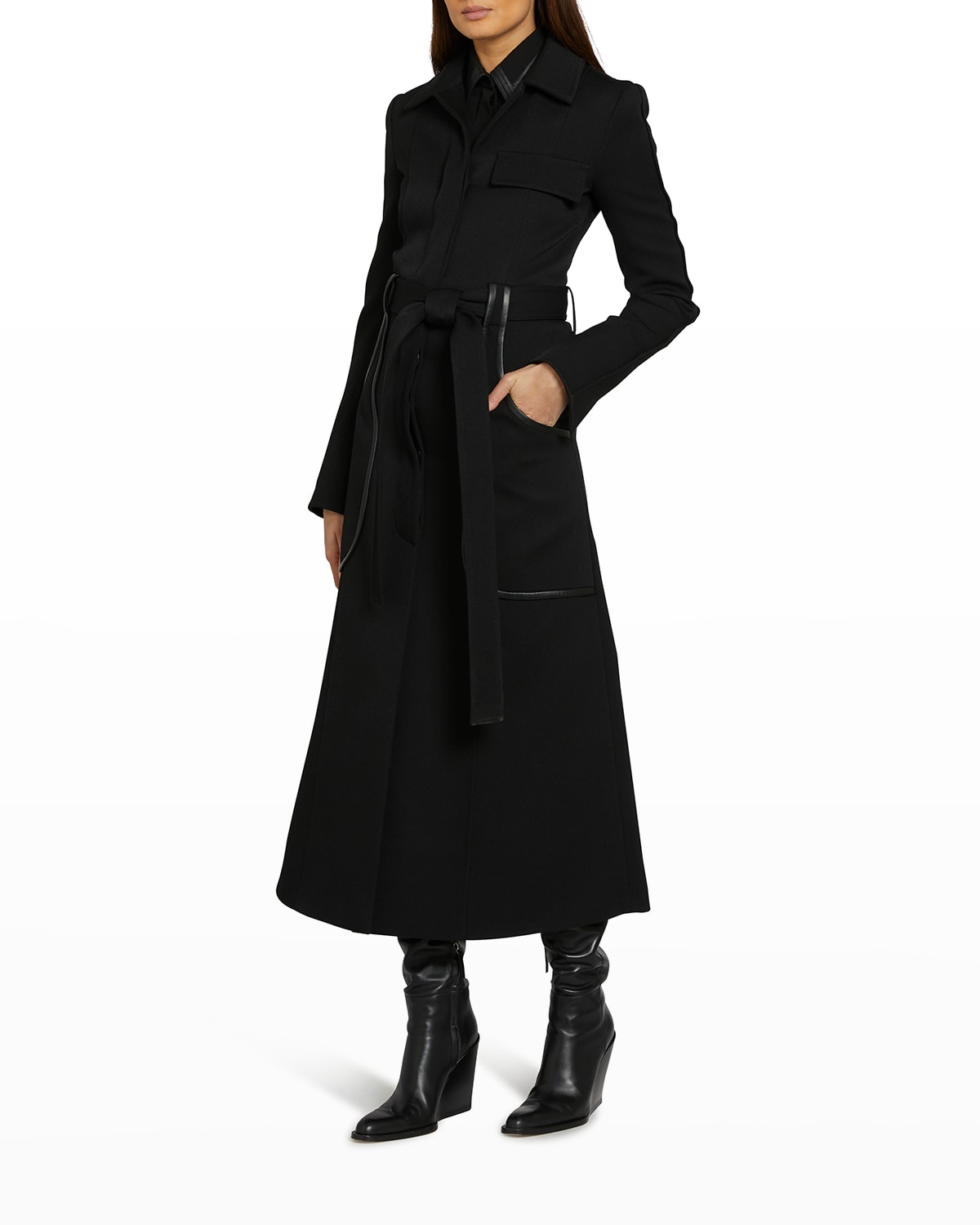 VICTORIA BECKHAM BELTED WOOL LEATHER-TRIM LONG TRENCH COAT
