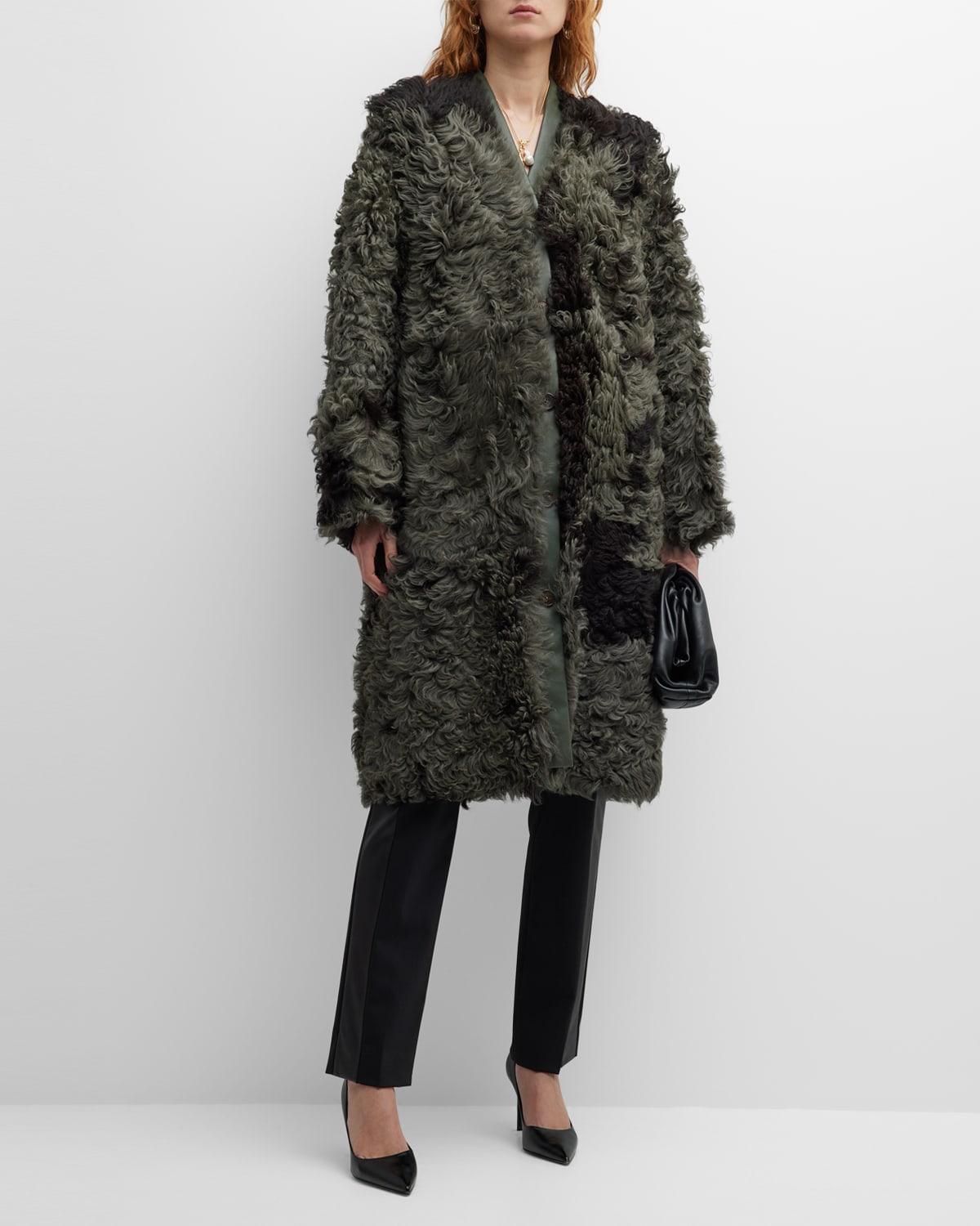 Utzon Carson Reversible Shearling And Leather Coat In Army Pinto