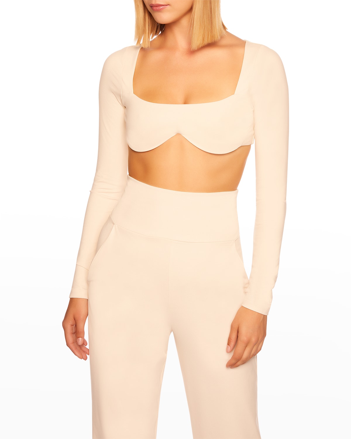 Susana Monaco Reverse Sweetheart Long-sleeve Crop Top In Blanched Almond