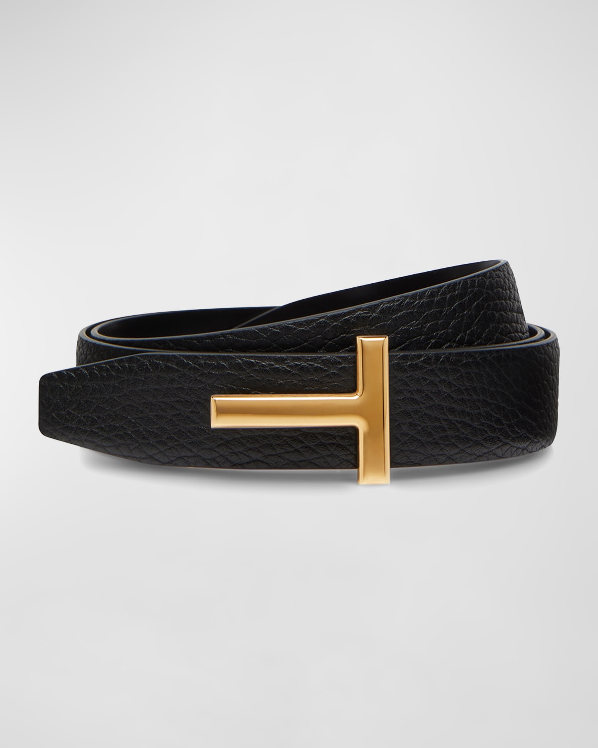 Tom Ford Textured Calf Leather Belt With Polished Gold Buckle In Black
