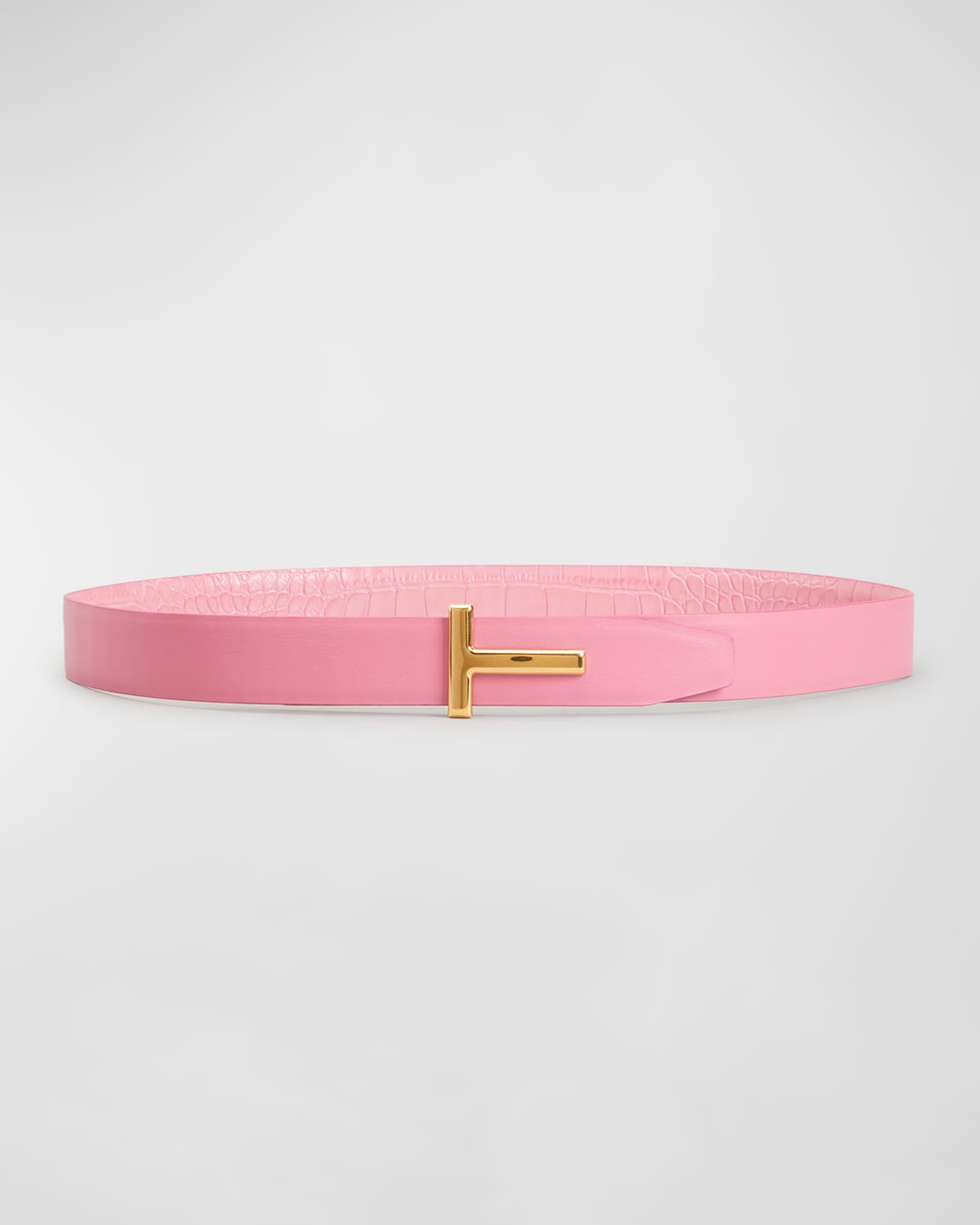 Tom Ford T Icon Reversible Croc Embossed Patent Leather Belt In 1p003 Rose Bloom
