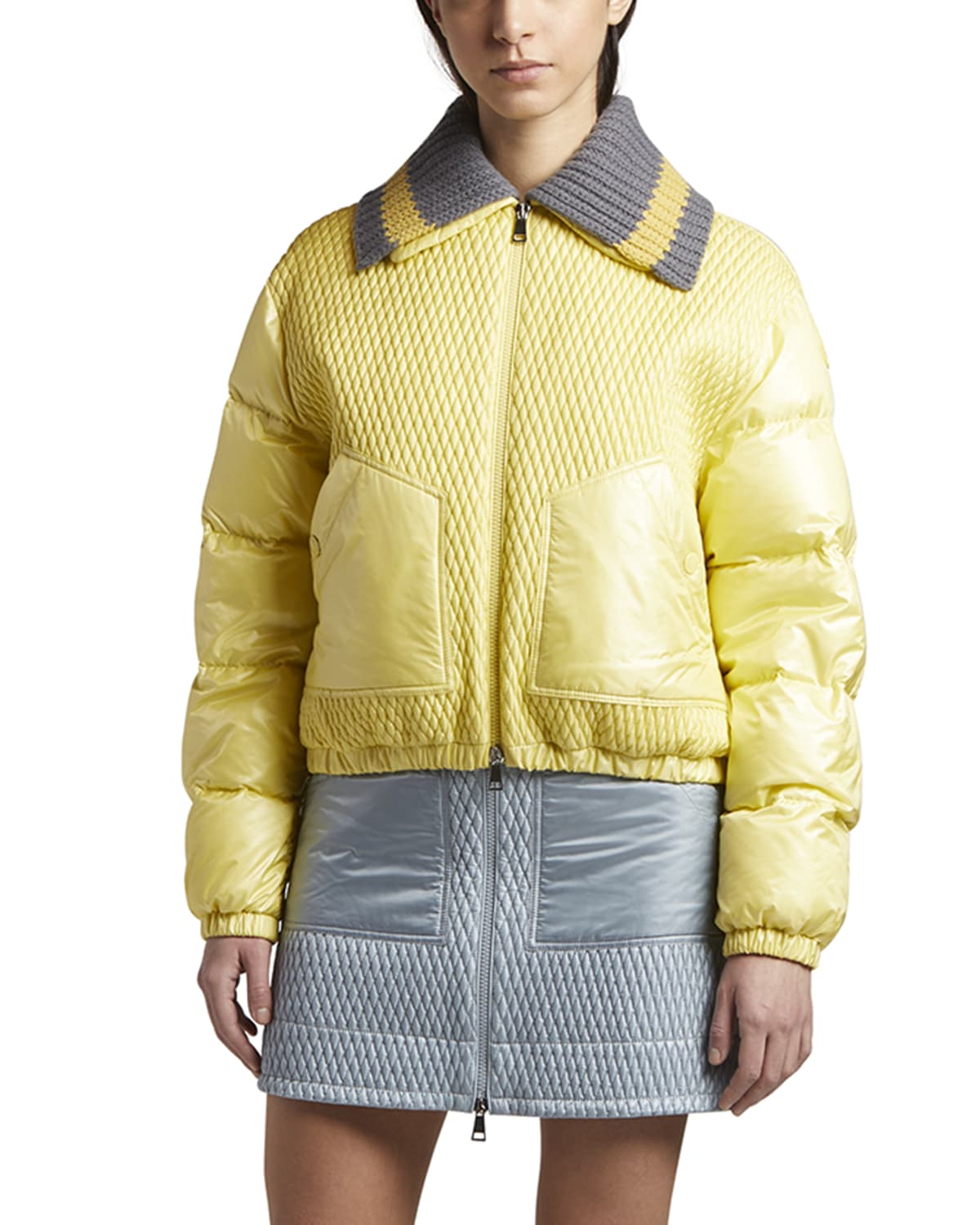 Moncler Apront Cropped Quilted Shell Down Bomber Jacket In Pastel Yellow
