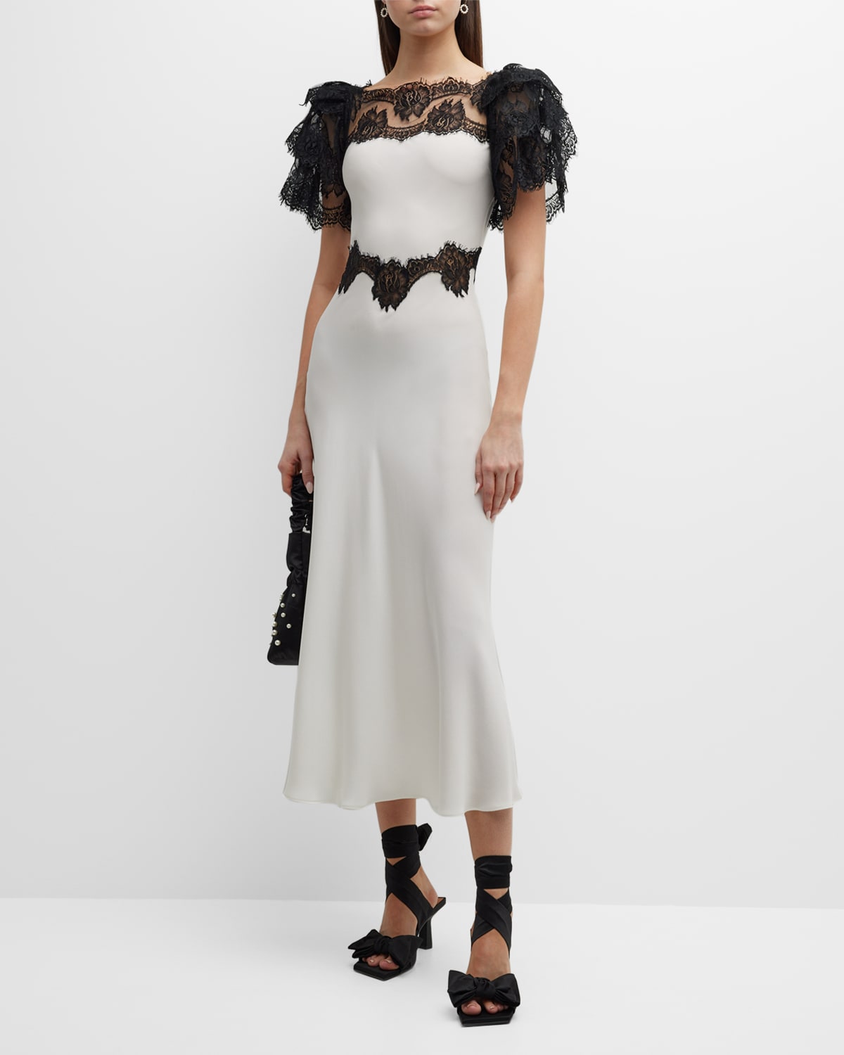 Silk Crepe Dress With Black Rose Lace Details