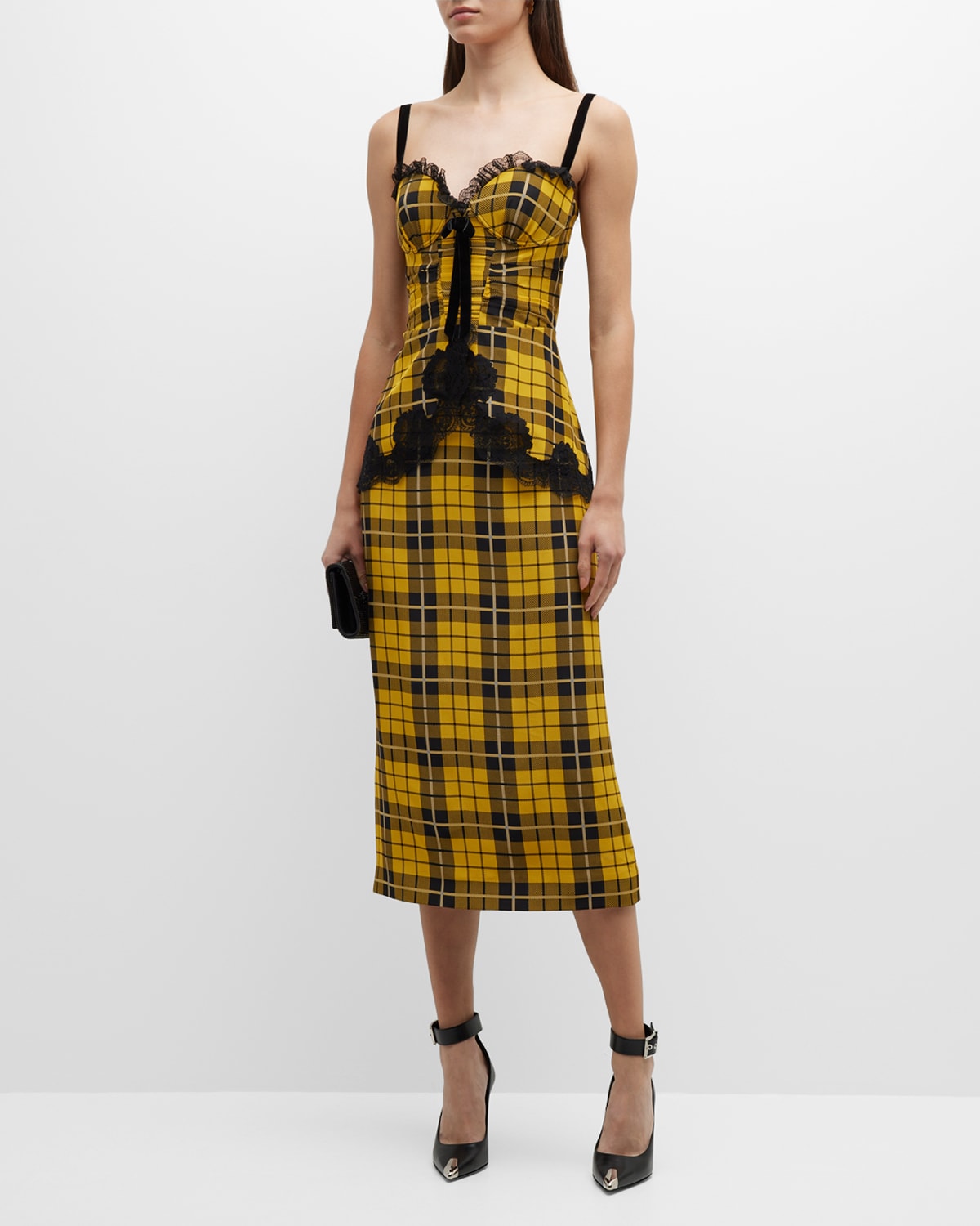 Shop Alessandra Rich Tartan Lace Midi Dress In 1624 Yellow