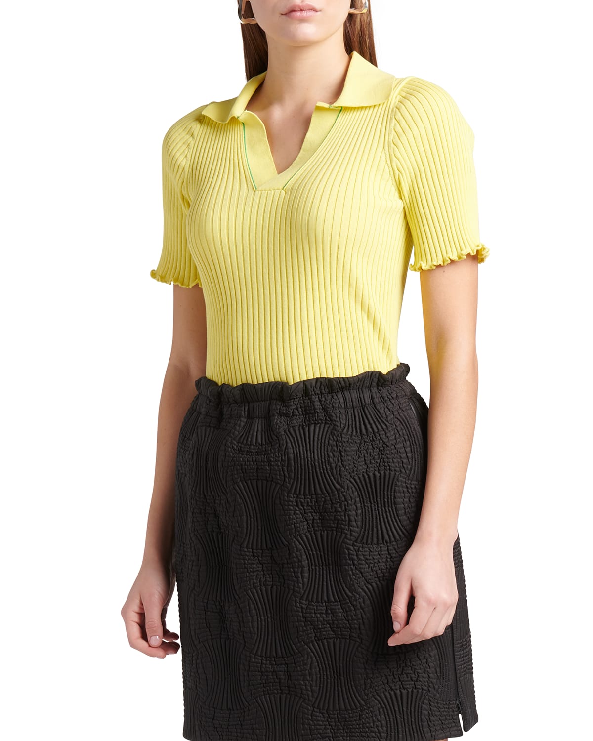 Bottega Veneta Ribbed Ruffled Cotton Polo Top In Citron/pur