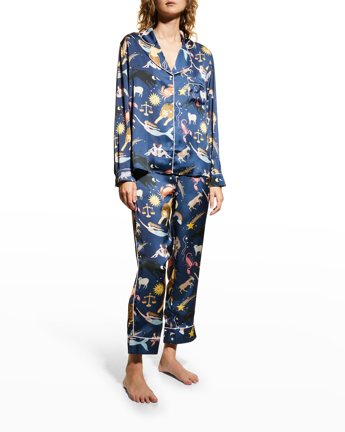 Karen Mabon Cropped Astrology-Print Satin Pajama Set
